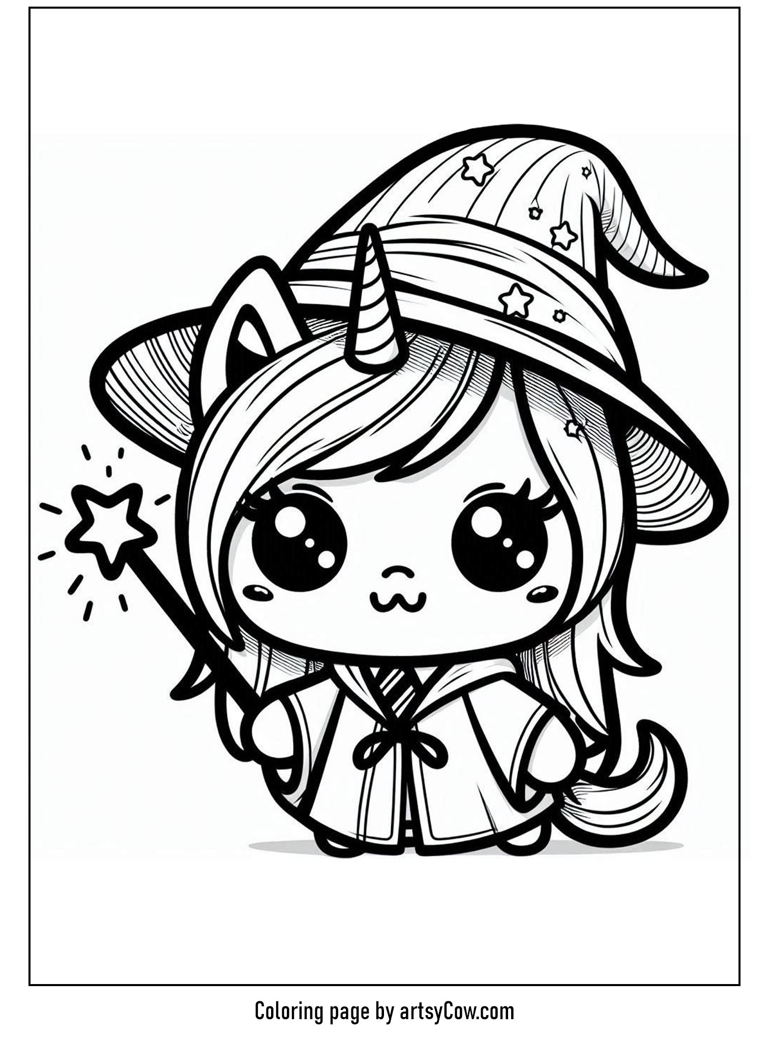 halloween coloring pages with unicorn 2 featuring a unicorn dressed in wizard robes and holding a star-tipped wand, wearing a hat adorned with stars.